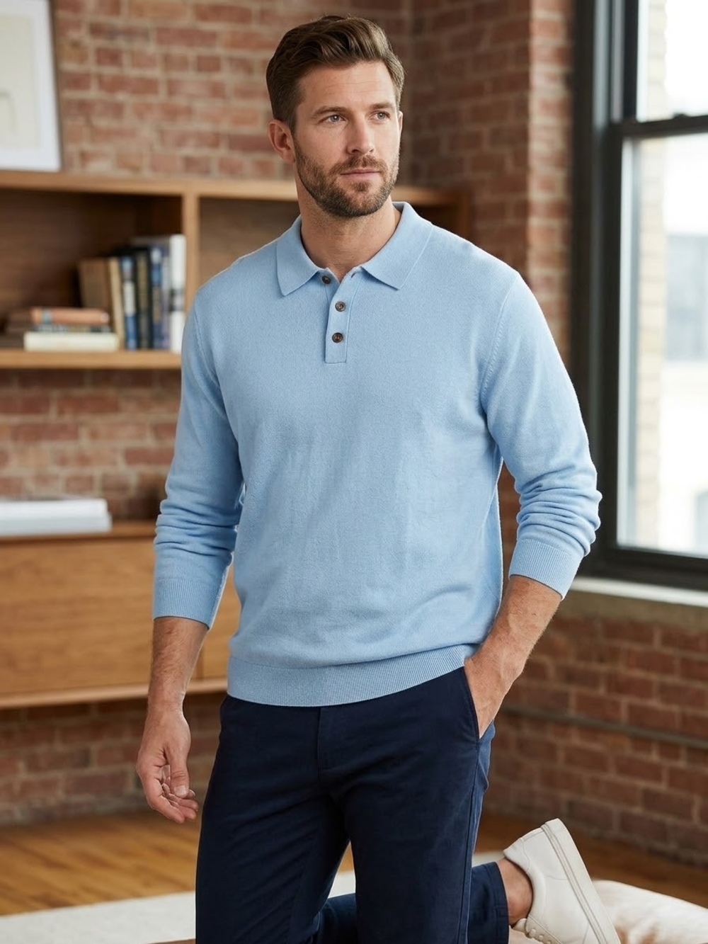 Amazon Essentials Light Blue Long-Sleeve Polo Sweater